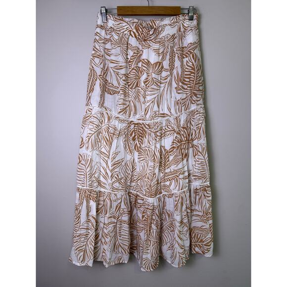 Nanette Lepore White Brown Leaf Print Tiered Midi Skirt Rayon Blend Size L - Picture 2 of 5